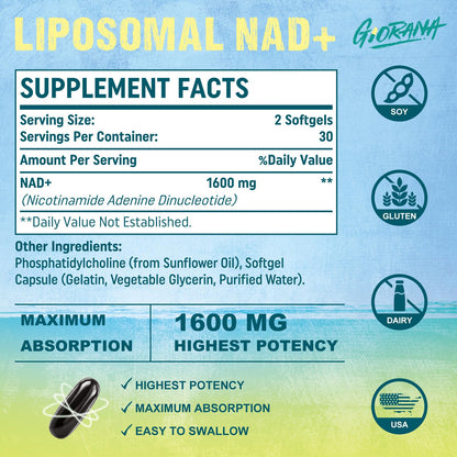 GIORANA 1600 MG Liposomal NAD+ Supplement | NAD+ Boosting, Vitamin B3, Energy & Longevity | Non-GMO, 60 Softgels