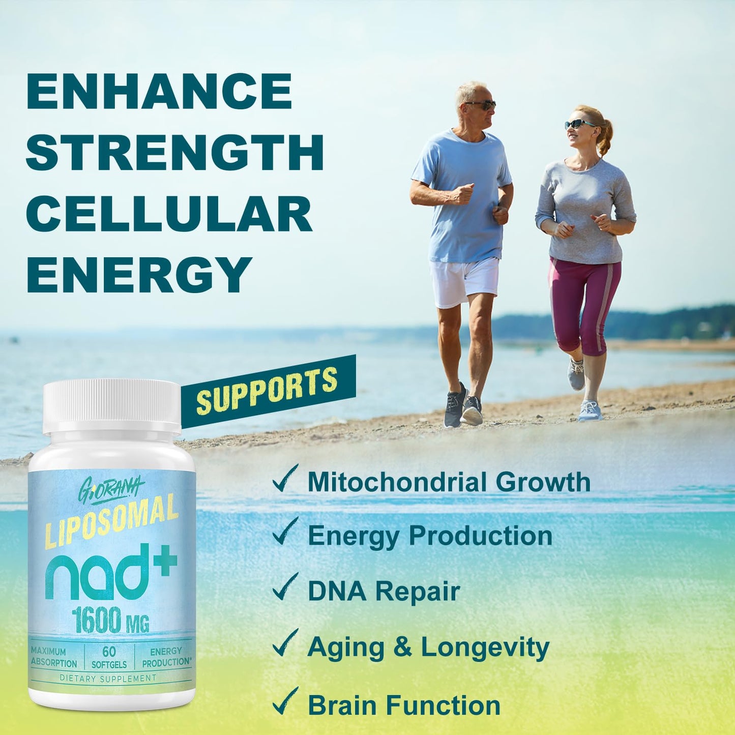 GIORANA 1600 MG Liposomal NAD+ Supplement | NAD+ Boosting, Vitamin B3, Energy & Longevity | Non-GMO, 60 Softgels