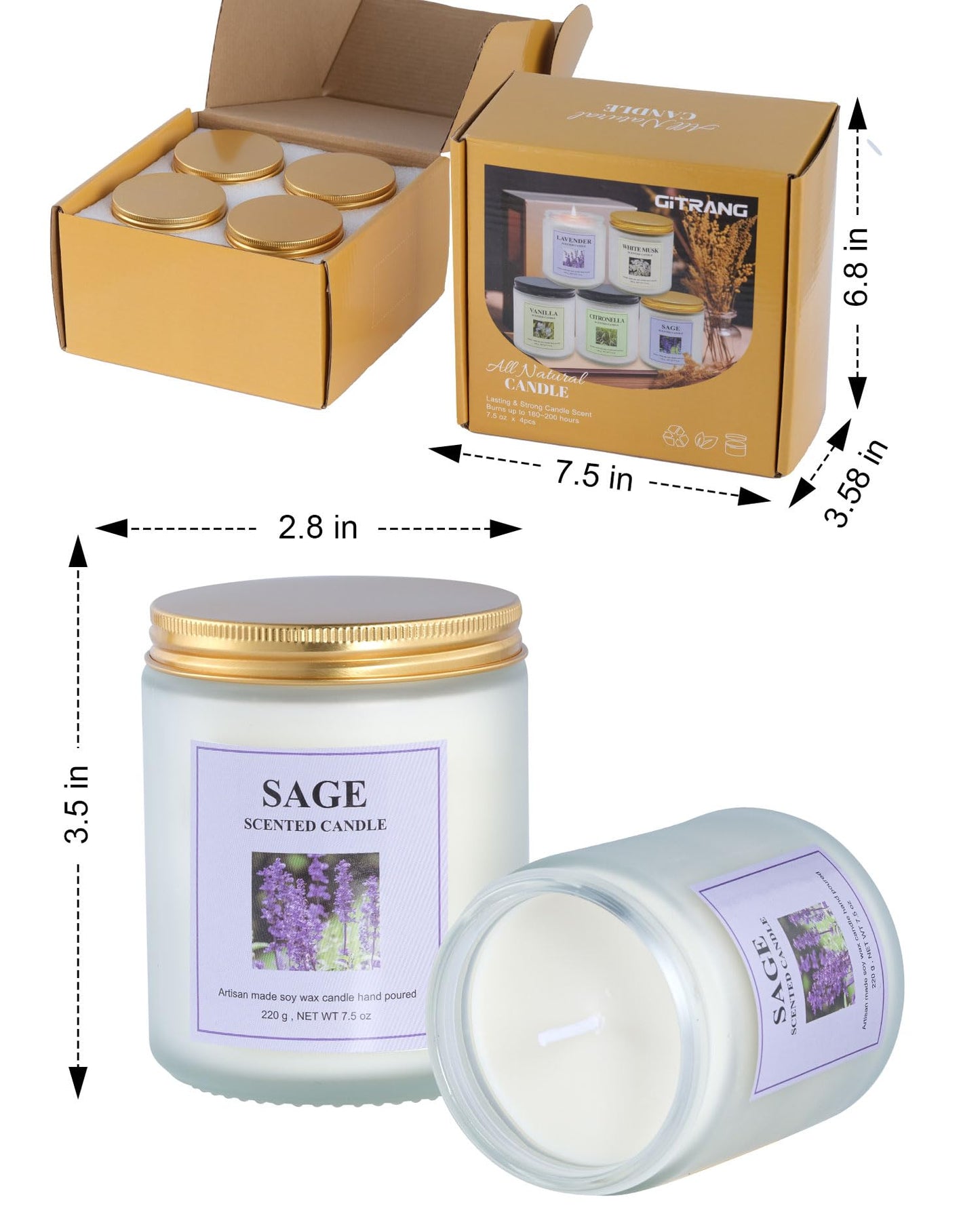 GITRANG 4 Pack Sage Candle Set – 30 oz, 200 Hour Home Aromatherapy Soy Candles