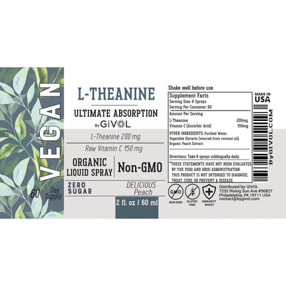 GIVOL 200mg L-Theanine & 150mg Vitamin C Liquid Spray – Peach Flavor (2 oz)