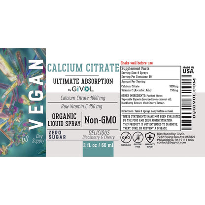 GIVOL Liquid Calcium Citrate 1000mg + Vitamin C 150mg Spray – Wild Cherry & Blackberry (2oz/60ml)