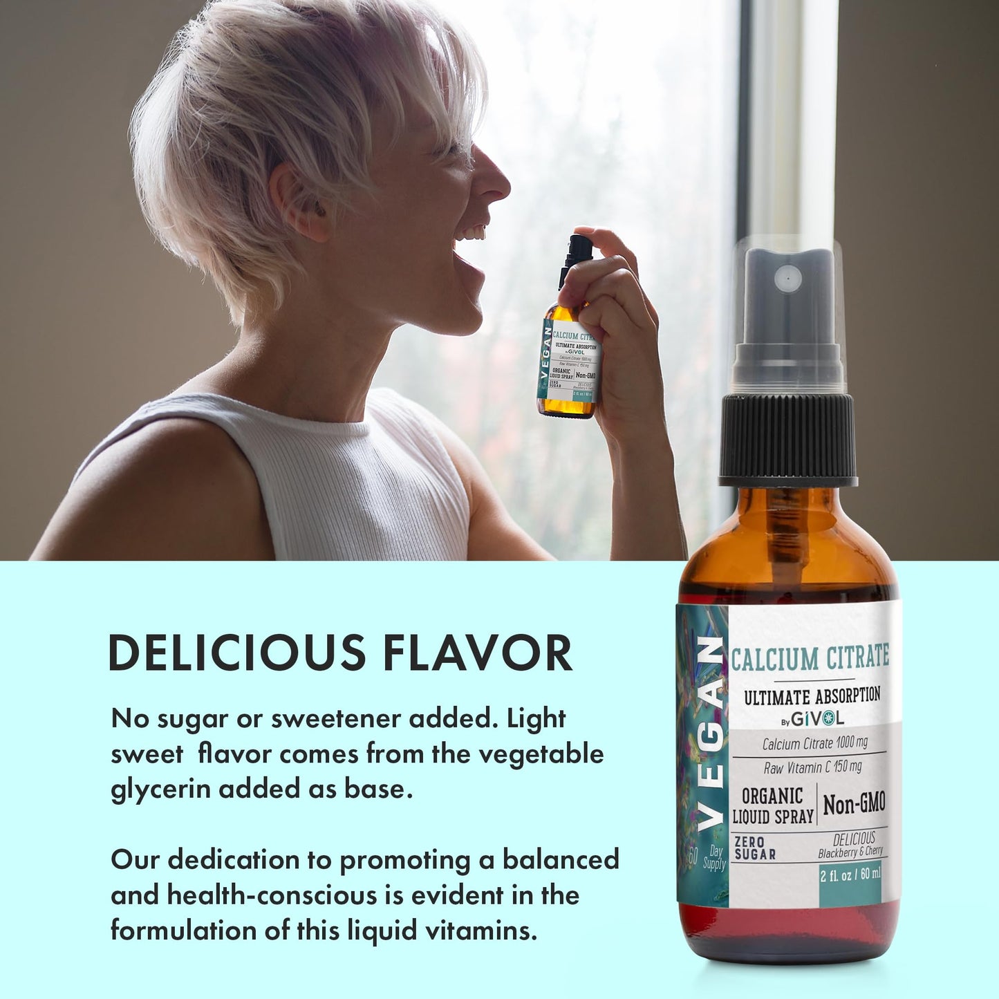 GIVOL Liquid Calcium Citrate 1000mg + Vitamin C 150mg Spray – Wild Cherry & Blackberry (2oz/60ml)