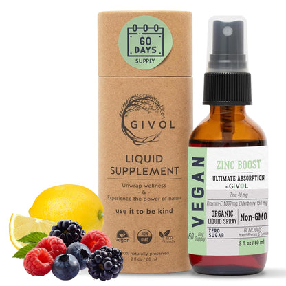 GIVOL Organic ZINC Boost Mist 40 mg – Sugar Free, Vitamin C & Elderberry – Vegan Liquid Spray (60 ml)