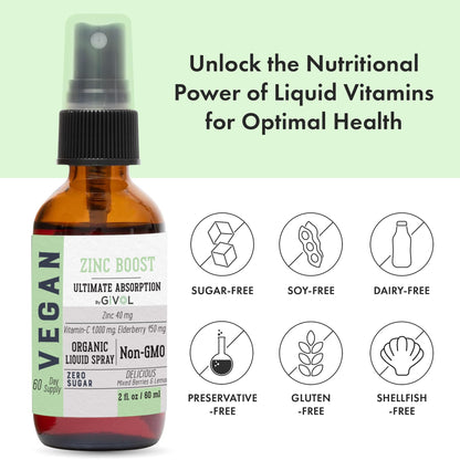 GIVOL Organic ZINC Boost Mist 40 mg – Sugar Free, Vitamin C & Elderberry – Vegan Liquid Spray (60 ml)
