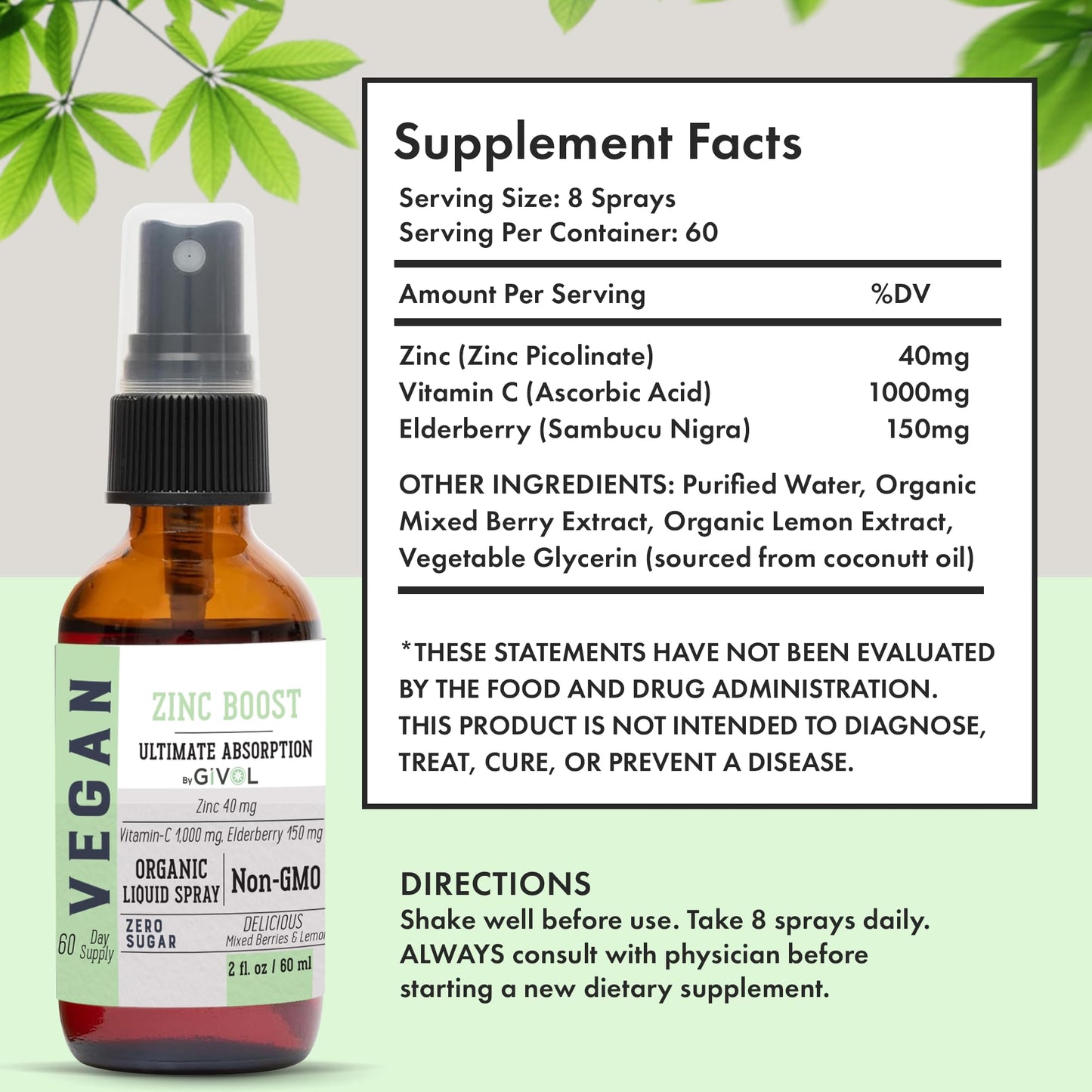GIVOL Organic ZINC Boost Mist 40 mg – Sugar Free, Vitamin C & Elderberry – Vegan Liquid Spray (60 ml)