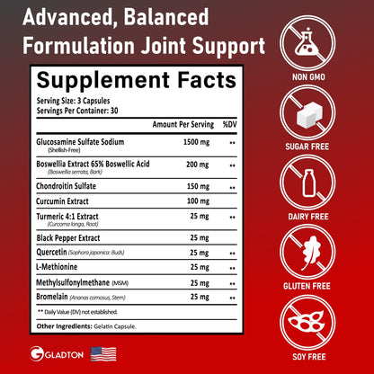 GLADTON Joint Support – Glucosamine, Chondroitin, MSM, Turmeric (90 Capsules)