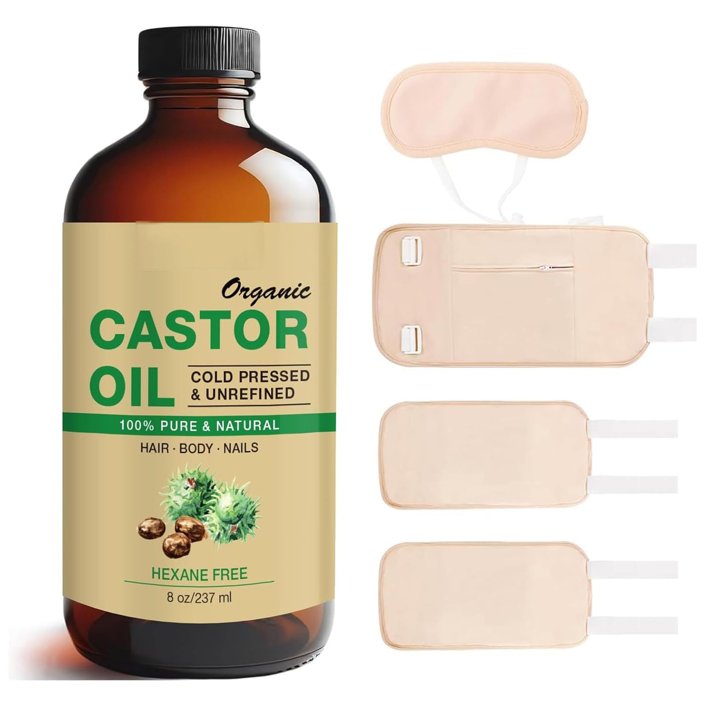 Castor Oil Organic Cold Pressed – 8oz Glass Bottle | 4 Pack Wrap | Organic Cotton