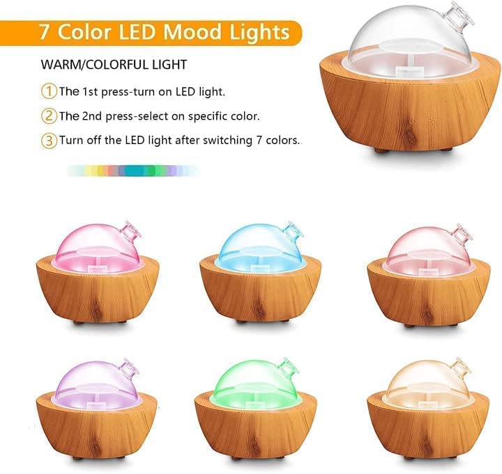 280ml Glass Essential Oil Diffuser – Wood Grain Base | Auto Shut-Off | 7-Color LED Lights