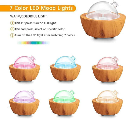 280ml Glass Essential Oil Diffuser – Wood Grain Base | Auto Shut-Off | 7-Color LED Lights