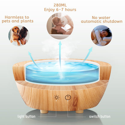 Glass Essential Oil Diffuser with Wood Grain Base, 280ml | 7-Color LED, Auto-Off