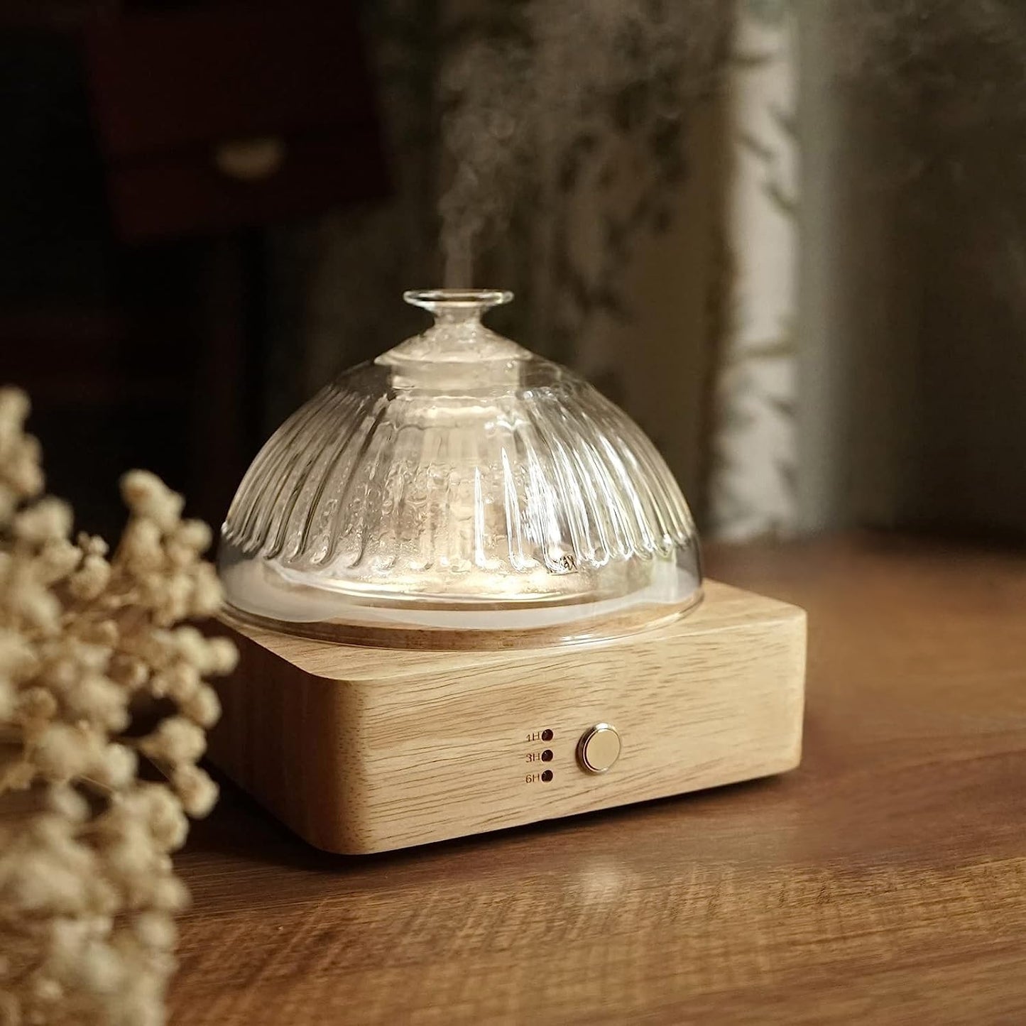 Glass Dome Essential Oil Diffuser - Glass Reservoir, Wood Base, 200ml, Auto-Off Timer