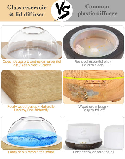Glass Dome Essential Oil Diffuser - Glass Reservoir, Wood Base, 200ml, Auto-Off Timer