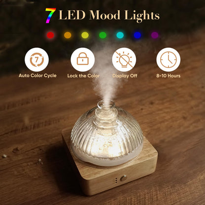 Glass Dome Essential Oil Diffuser - Glass Reservoir, Wood Base, 200ml, Auto-Off Timer