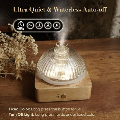 Glass Dome Essential Oil Diffuser - Glass Reservoir, Wood Base, 200ml, Auto-Off Timer