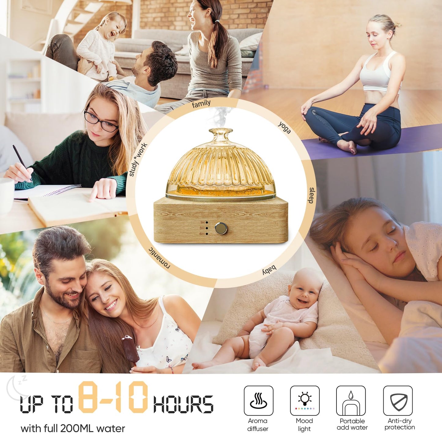 Glass Dome Essential Oil Diffuser - Glass Reservoir, Wood Base, 200ml, Auto-Off Timer