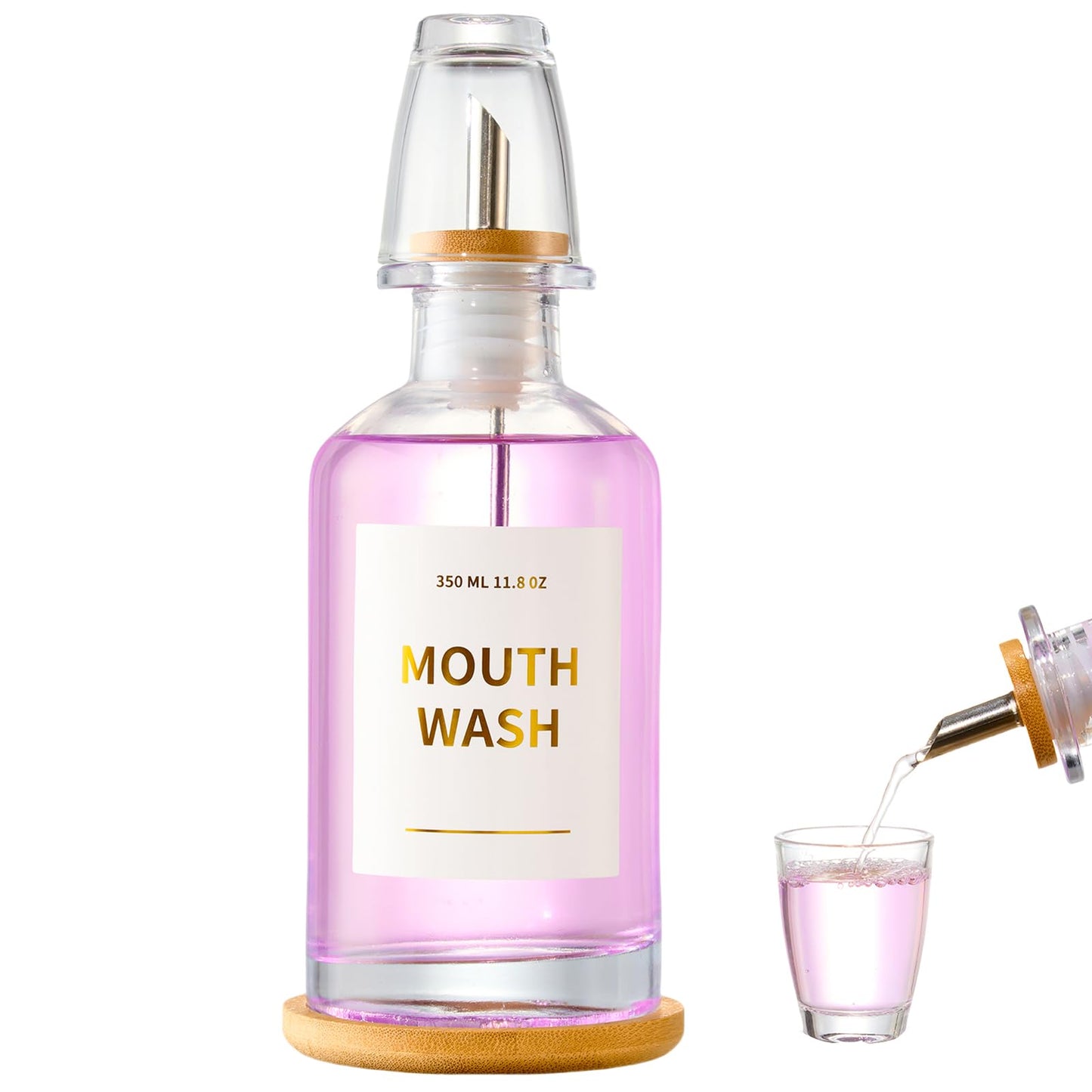 Glass Mouthwash Dispenser for Bathroom – 11.8oz, Stainless Steel Spouts, Bamboo Holder