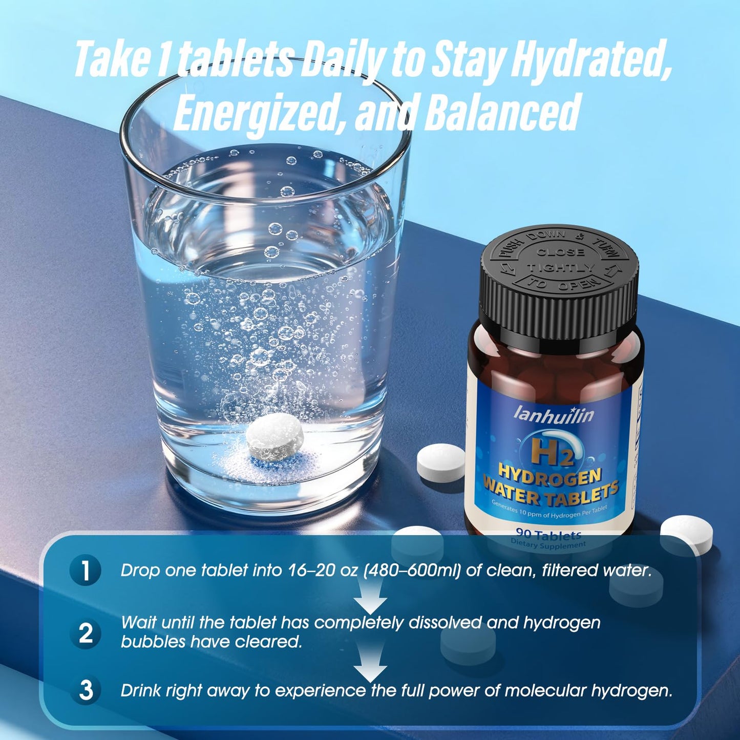 Hydrogen Water Tablets with 150mg Magnesium | 10 ppm H2, 90 Servings
