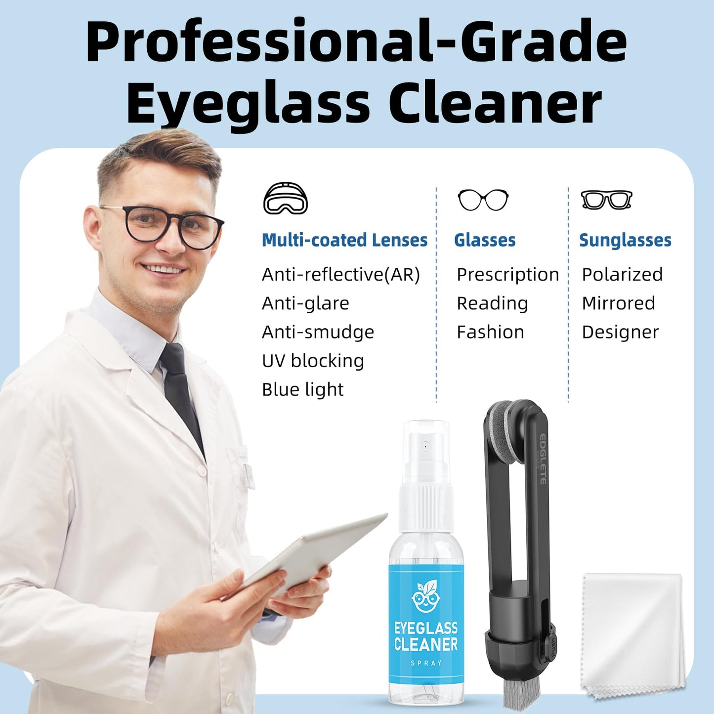 Glasses Cleaner Kit – Eyeglass Cleaning Spray & Microfiber Cloth (Black)