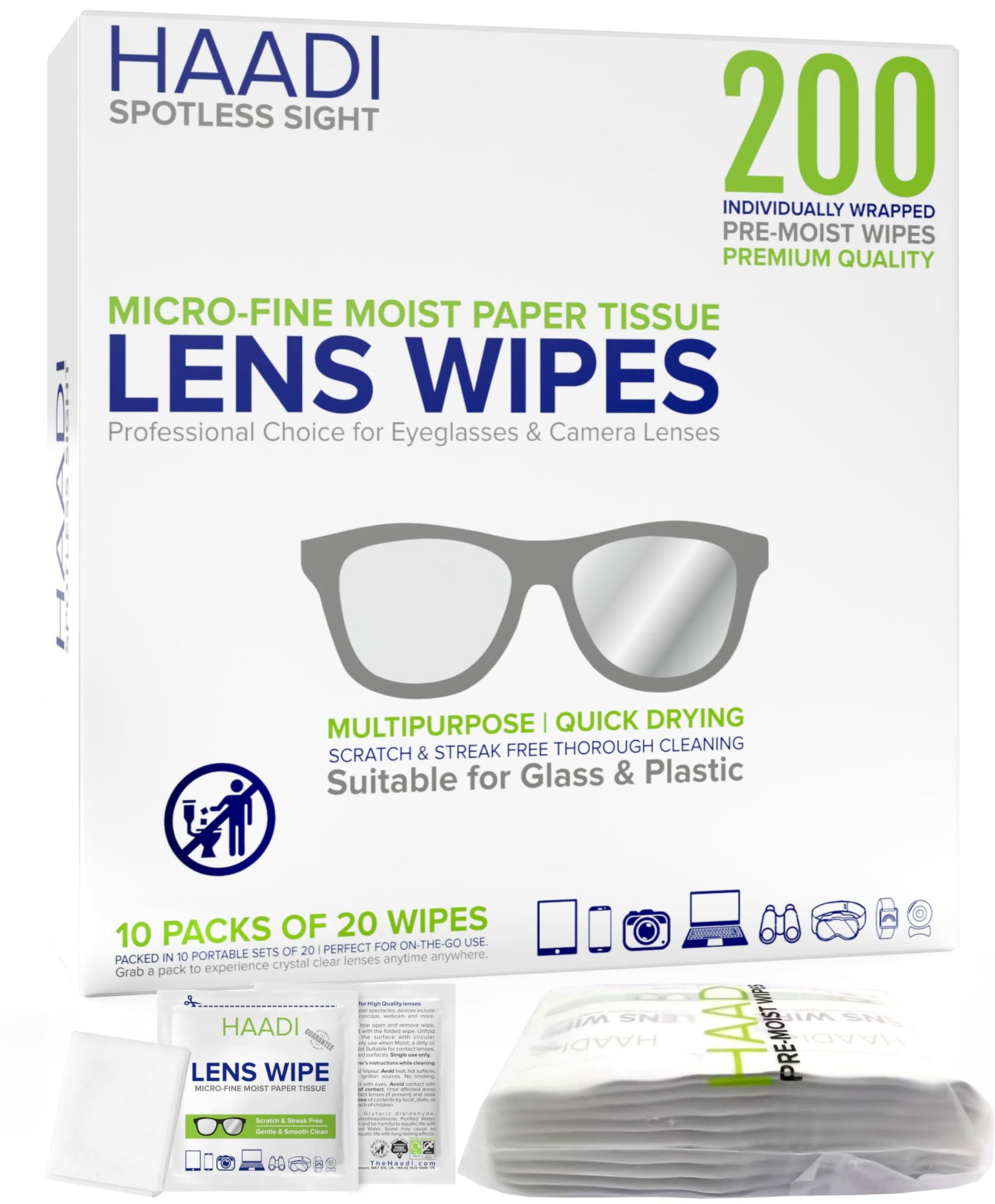 Glasses Cleaner Wipes – 200 Individually Wrapped, Pre-Moistened Lenses Wipes for Eyeglasses, Cameras, Binoculars & Screens
