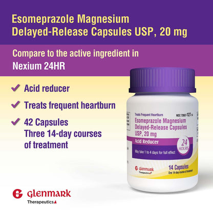 Glenmark Therapeutics Esomeprazole Magnesium 20 mg – Delayed-Release Capsules for Frequent Heartburn (42 Capsules)