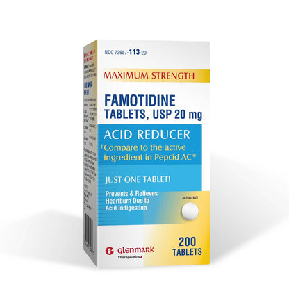 Glenmark Maximum Strength Famotidine 20 mg Tablets – Heartburn Relief (200 Count)