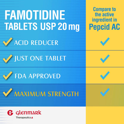 Glenmark Maximum Strength Famotidine 20 mg Tablets – Heartburn Relief (200 Count)