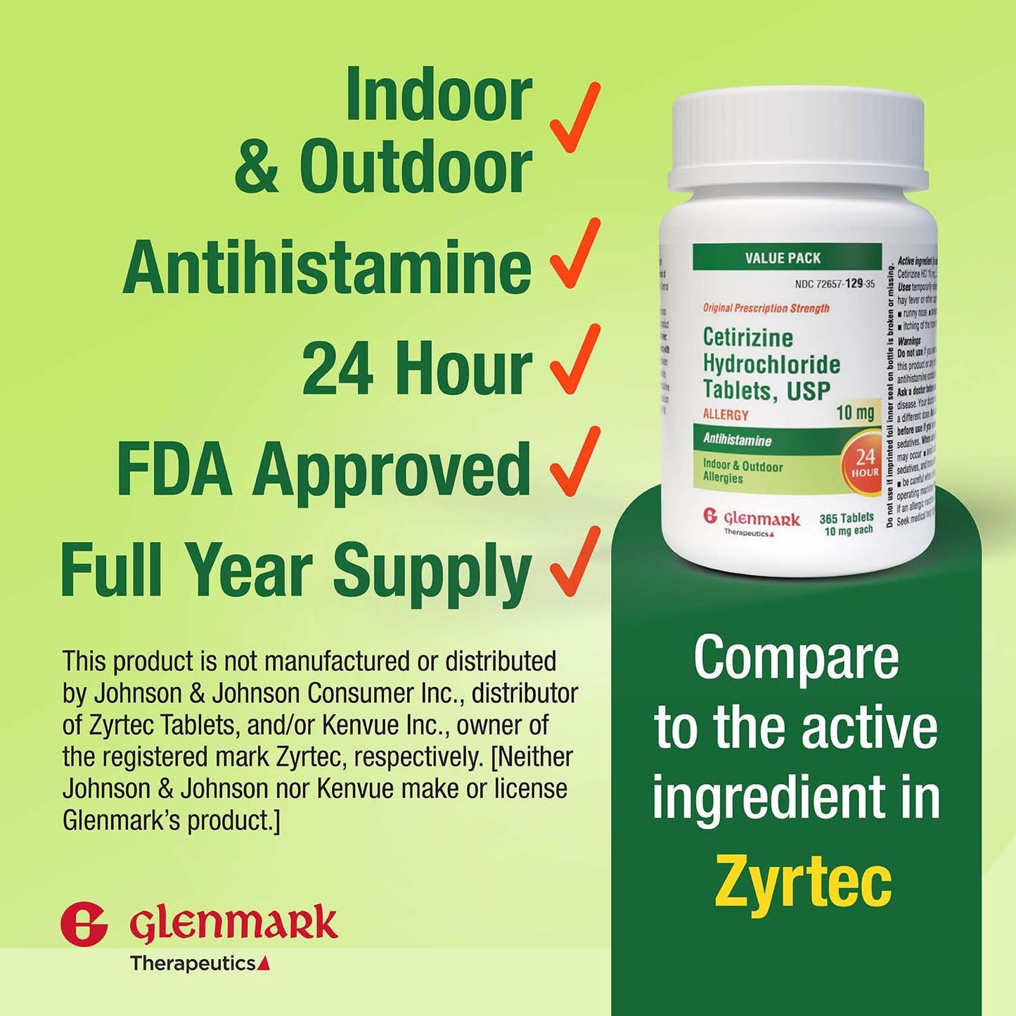 Glenmark Therapeutics Cetirizine 10 mg — 365 Count, 24-Hour Allergy Relief