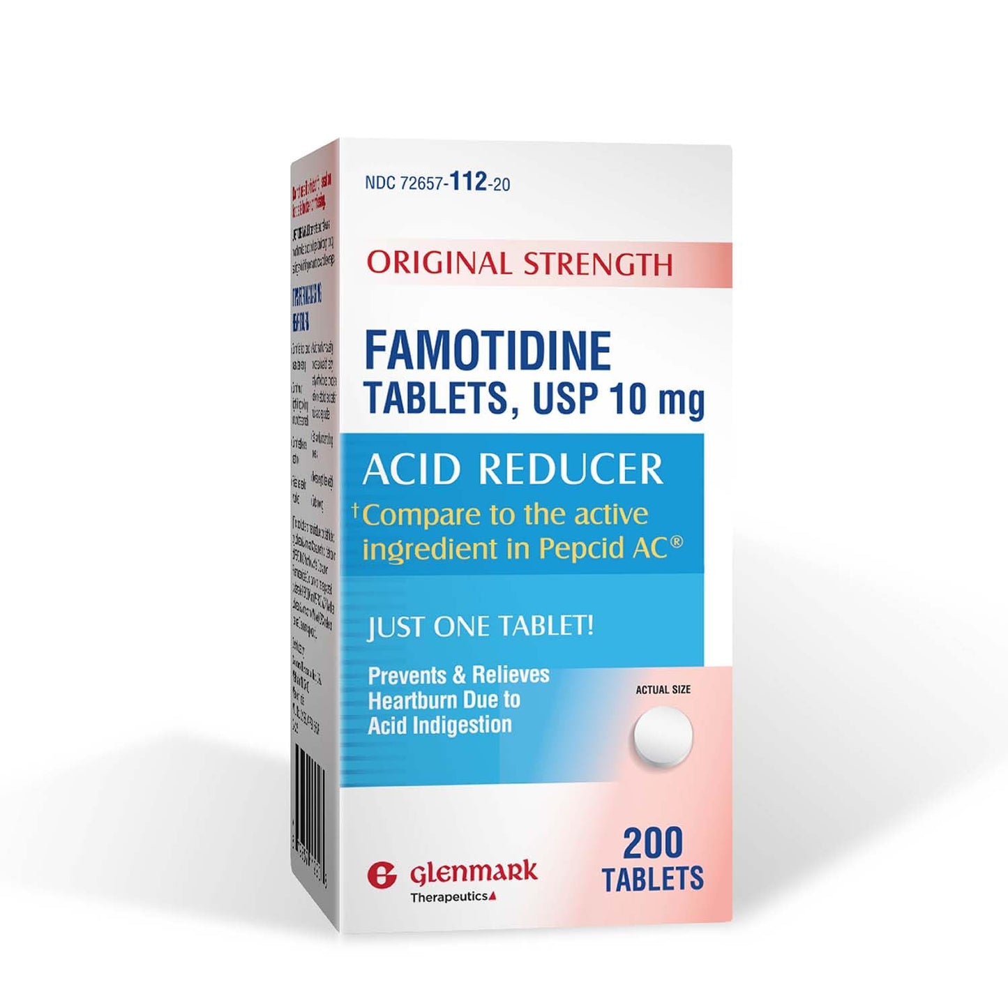 Glenmark Therapeutics Original Strength Famotidine Tablets, 10 mg, Heartburn Relief (200 Count)