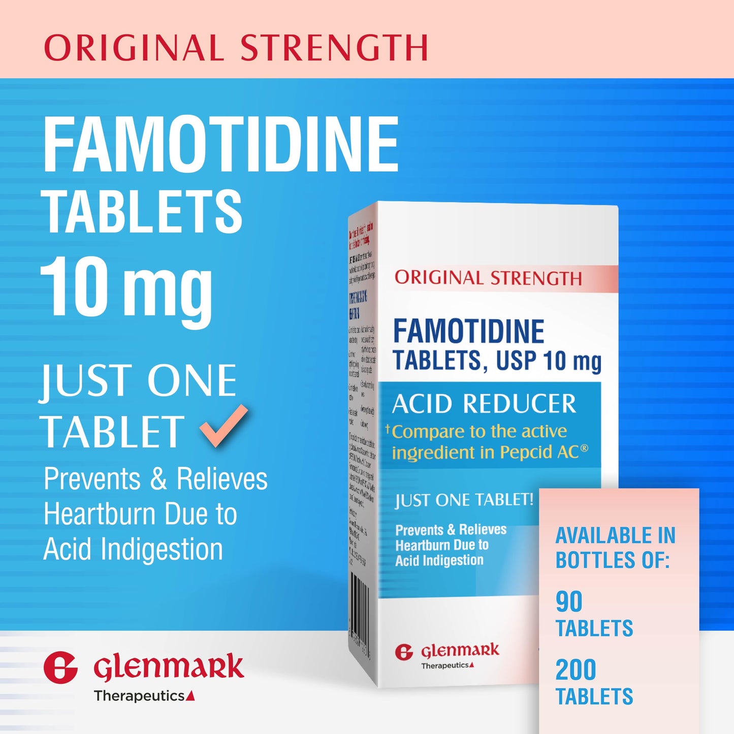 Glenmark Therapeutics Original Strength Famotidine Tablets, 10 mg, Heartburn Relief (200 Count)