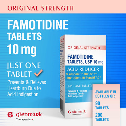 Glenmark Therapeutics Original Strength Famotidine Tablets, 10 mg, Heartburn Relief (200 Count)