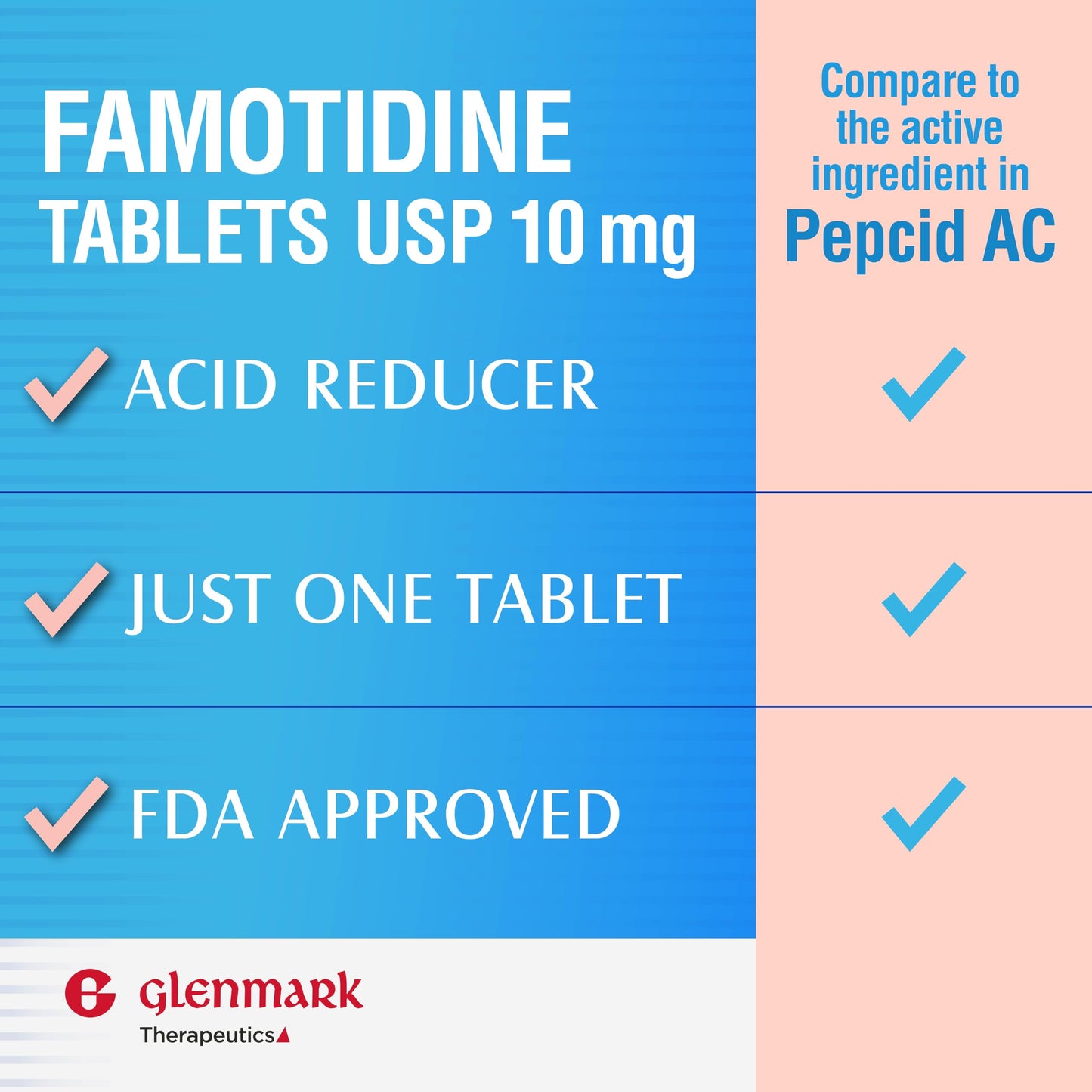 Glenmark Therapeutics Original Strength Famotidine Tablets, 10 mg, Heartburn Relief (200 Count)