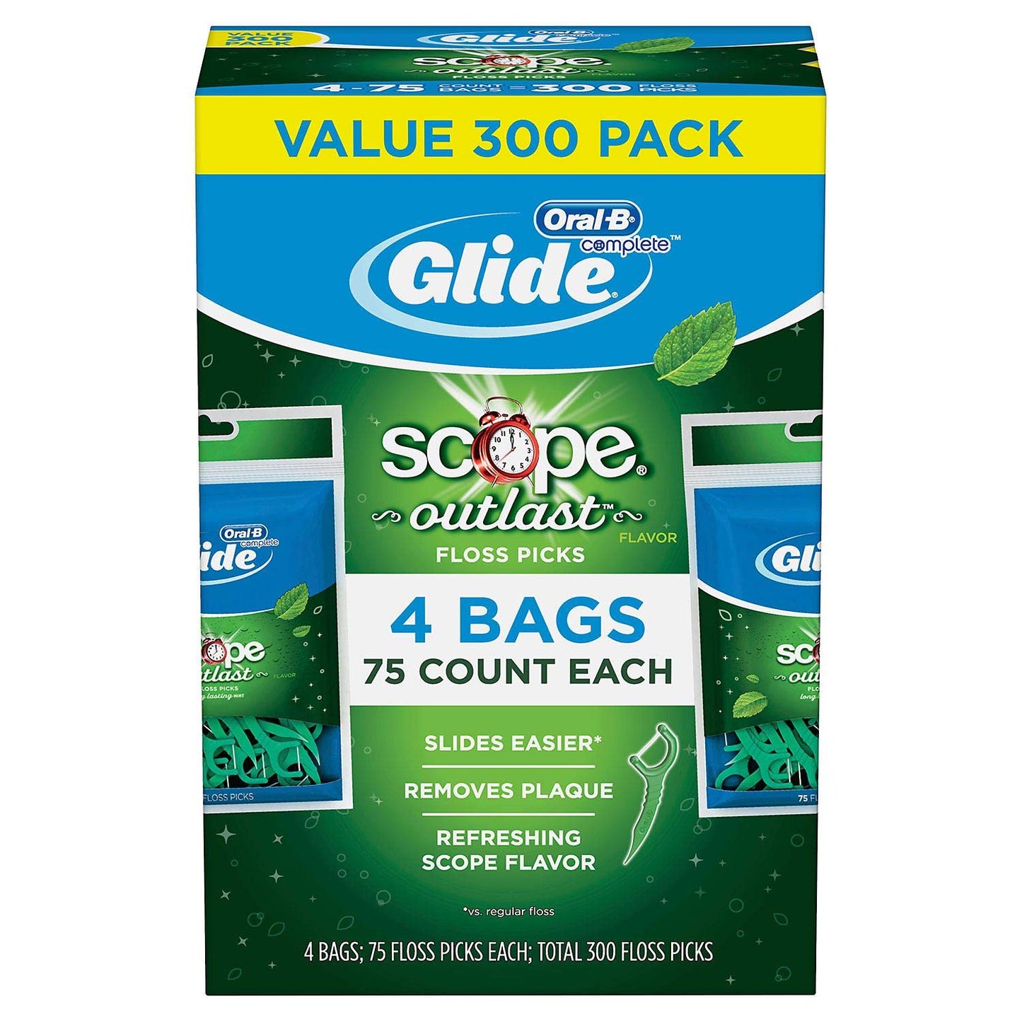 Glide Oral-B Floss Picks Plusx 40mm Outlast – Long Lasting Mint, 4 Pack of 75