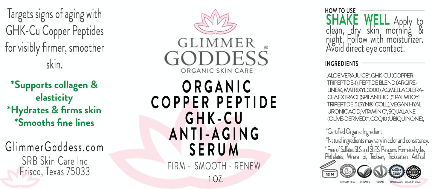 Glimmer Goddess Organic Copper Peptide Serum – GHK-Cu, Argireline, Hyaluronic Acid