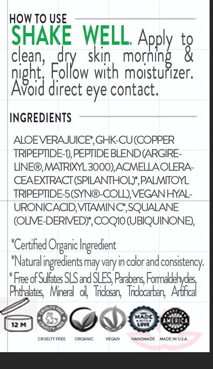 Glimmer Goddess Organic Copper Peptide Serum – GHK-Cu, Argireline, Hyaluronic Acid