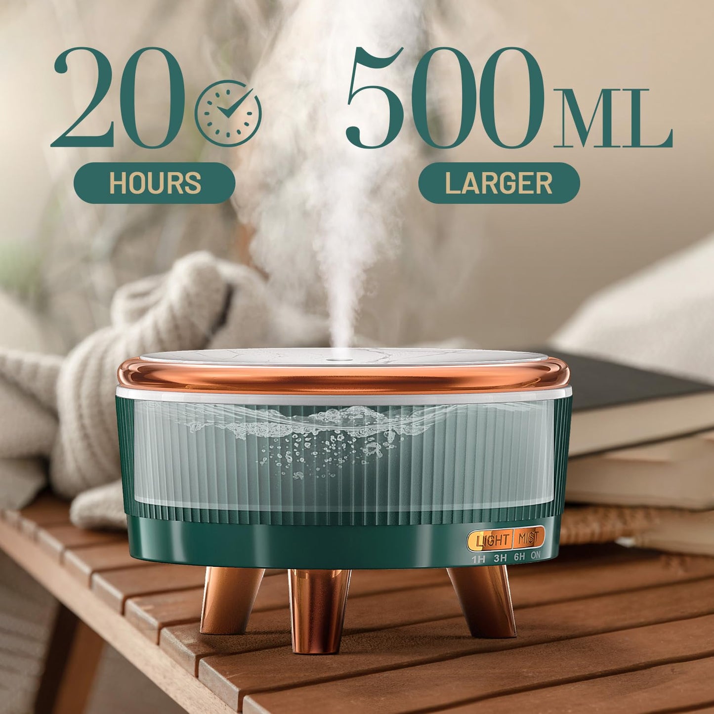 Gliship 500ml Essential Oil Diffuser – Green, Large Room Ultrasonic Diffuser with 7 LED Colors