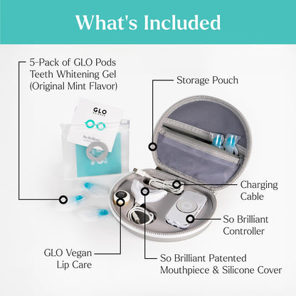 GLO Science So Brilliant Teeth Whitening Kit – Patented Warming Mouthpiece, LED Light Technology, 6% Hydrogen Peroxide Gel, Lip Balm