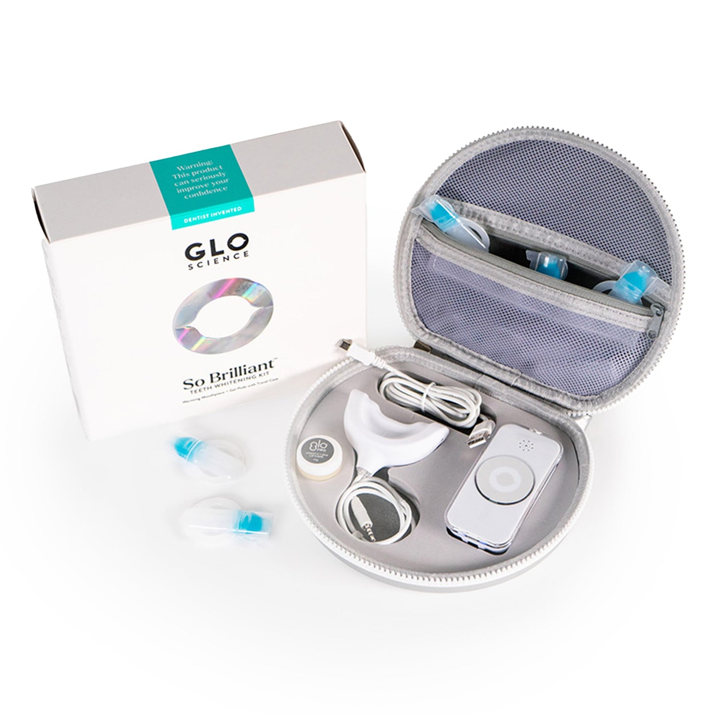 GLO Science So Brilliant Teeth Whitening Kit – Patented Warming Mouthpiece, LED Light Technology, 6% Hydrogen Peroxide Gel, Lip Balm