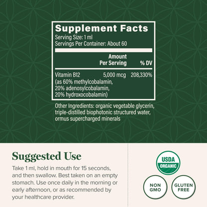 Global Healing Vitamin B12 5000 mcg Sublingual Liquid – Methylcobalamin & Hydroxo Blend, Vegan & Non-GMO (2 oz)