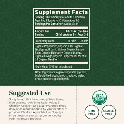 Global Healing Organic Lung Health Spray – Herbal Nasal Decongestant, Lung Support, 1 fl oz