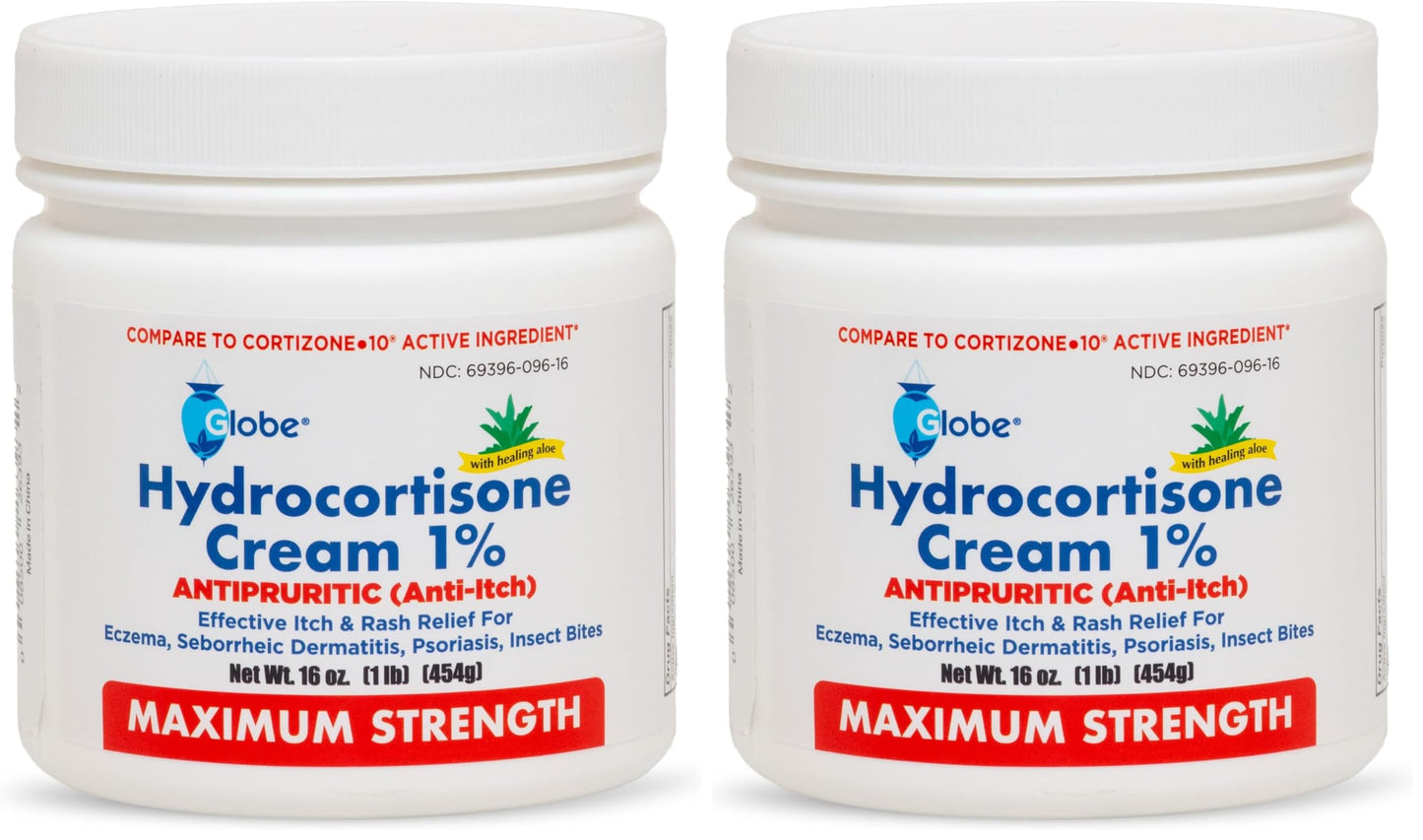 Globe Hydrocortisone 1% Cream with Aloe – 16 oz Jar (Pack of 2) | Maximum-Strength Anti-Itch Relief