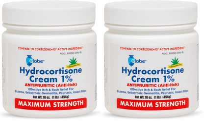 Globe Hydrocortisone 1% Cream with Aloe – 16 oz Jar (Pack of 2) | Maximum-Strength Anti-Itch Relief