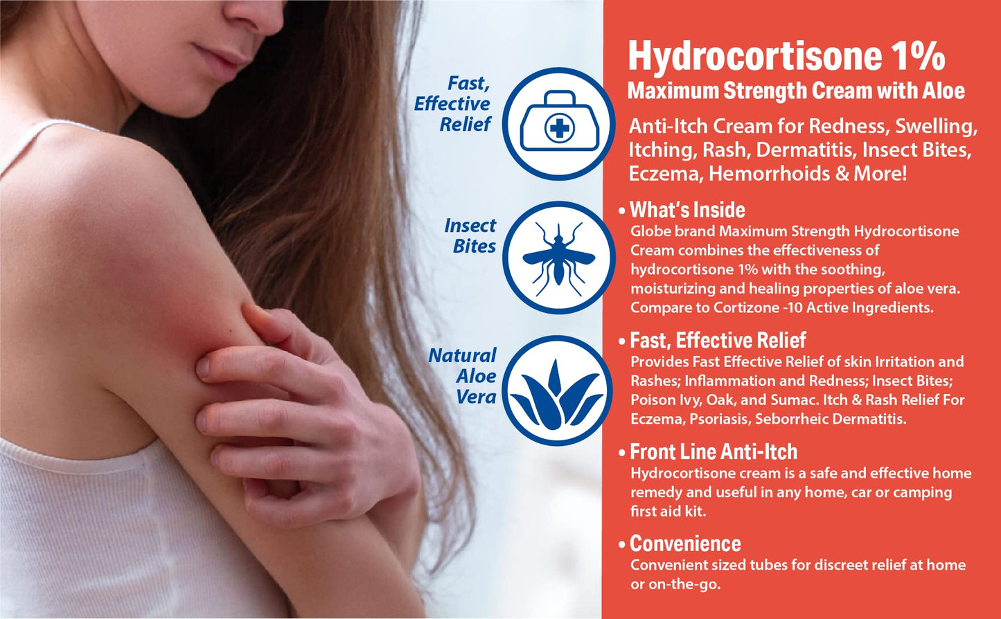 Globe Hydrocortisone 1% Cream with Aloe – 16 oz Jar (Pack of 2) | Maximum-Strength Anti-Itch Relief