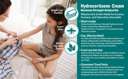 Globe Hydrocortisone 1% Cream — 0.9g Unit Dose Packets (Box 144) Anti-Itch Cream