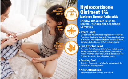 Globe (4 Pack) Hydrocortisone 1% Ointment – Maximum-Strength Anti-Itch for Itch, Rash & Insect Bites