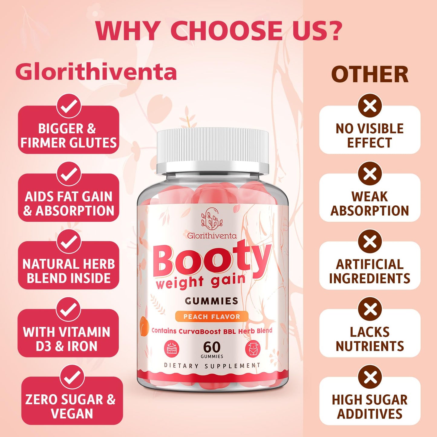 Glorithiventa Booty Gummies for Women | CurvaBoost BBL Herb Blend, Creatine Monohydrate, Zero Sugar, Peach Flavor – 60 Counts