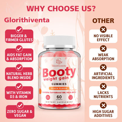 Glorithiventa Booty Gummies for Women | CurvaBoost BBL Herb Blend, Creatine Monohydrate, Zero Sugar, Peach Flavor – 60 Counts