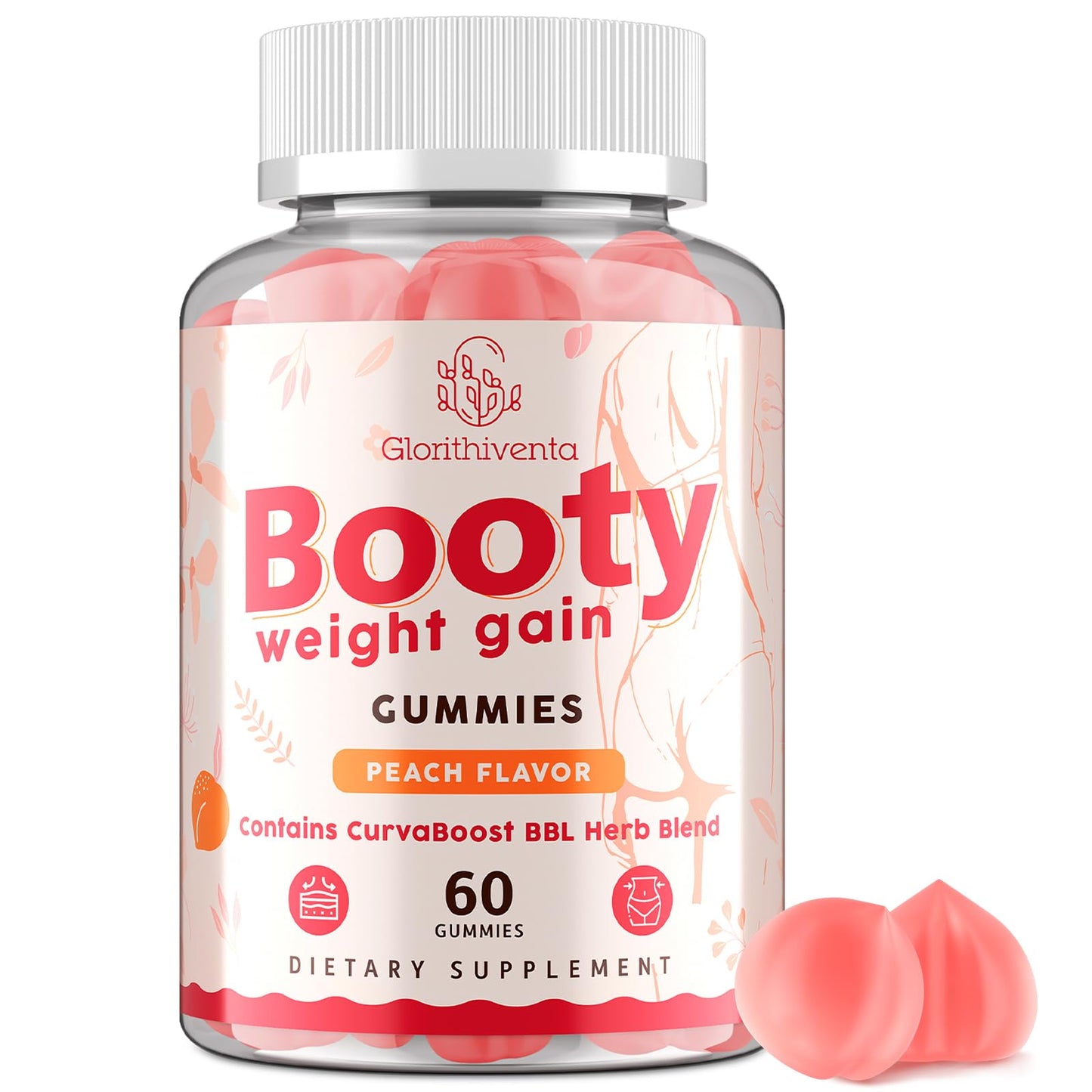 Glorithiventa Booty Gummies for Women | CurvaBoost BBL Herb Blend, Creatine Monohydrate, Zero Sugar, Peach Flavor – 60 Counts
