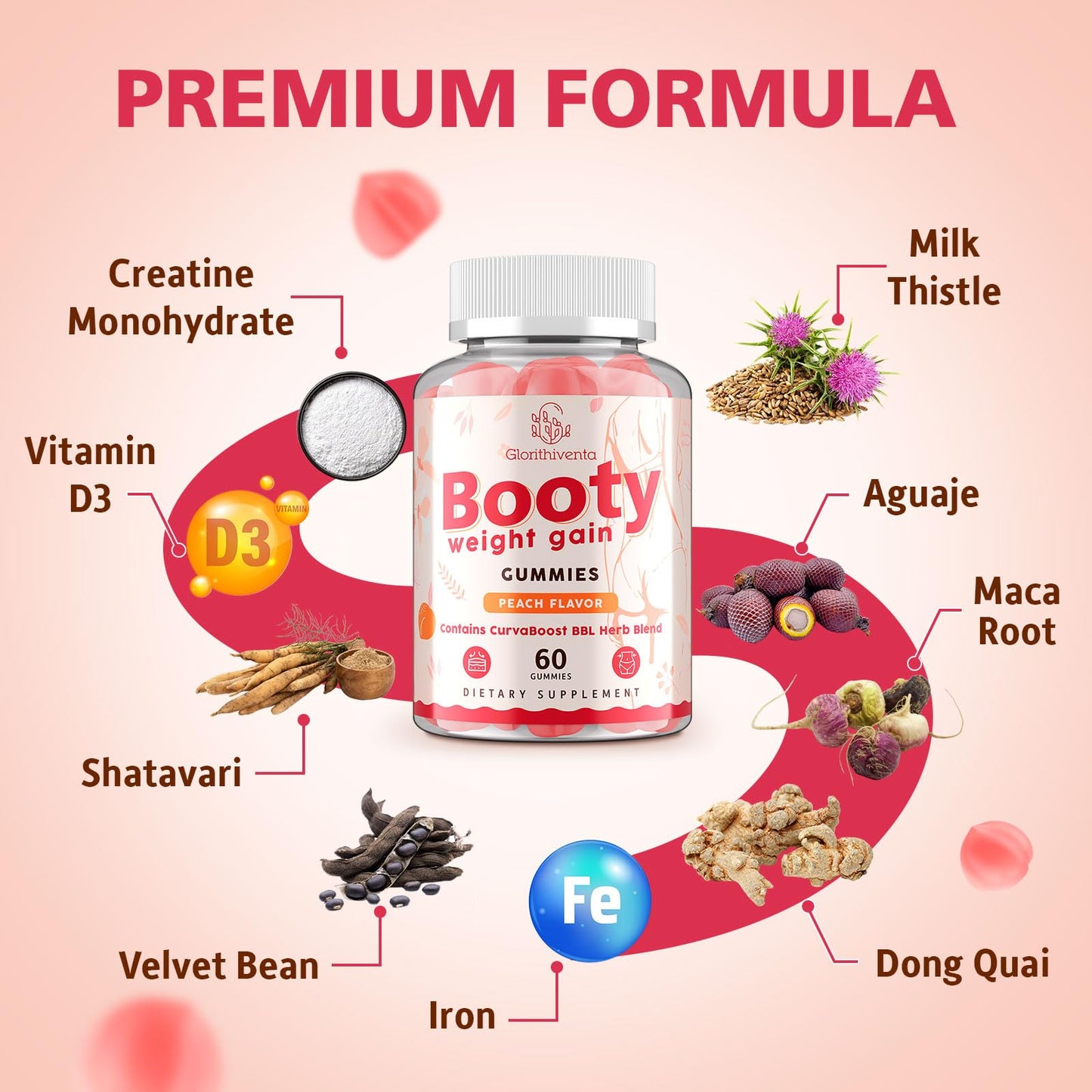 Glorithiventa Booty Gummies for Women | CurvaBoost BBL Herb Blend, Creatine Monohydrate, Zero Sugar, Peach Flavor – 60 Counts