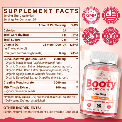 Glorithiventa Booty Gummies for Women | CurvaBoost BBL Herb Blend, Creatine Monohydrate, Zero Sugar, Peach Flavor – 60 Counts