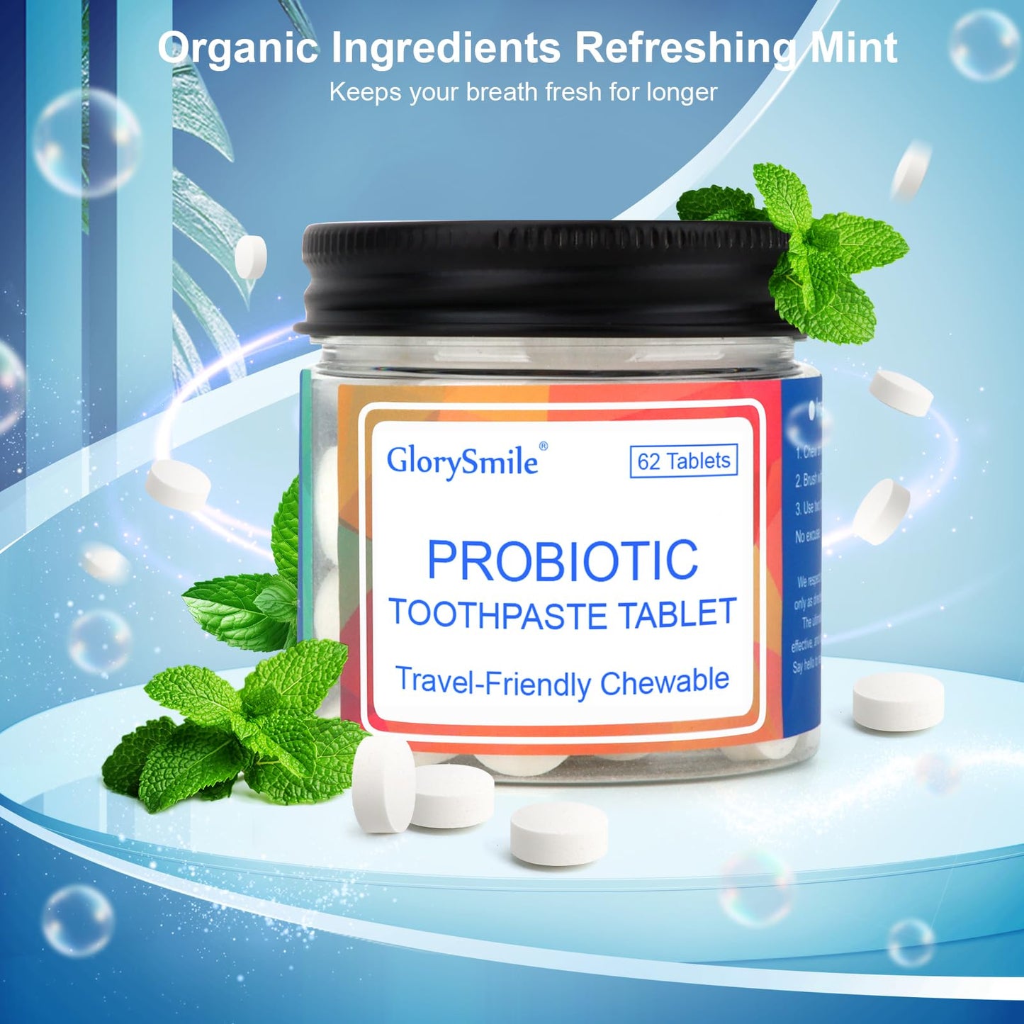 GlorySmile Toothpaste Tablets – Nano Hydroxyapatite with Probiotics, Fluoride-Free, Plastic-Free, Mint – 62ct Eco & Travel Friendly